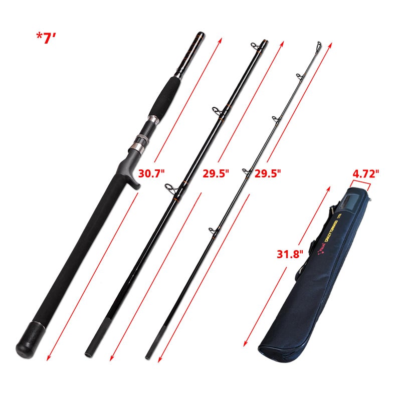 Fiblink Portable Saltwater Offshore Heavy 3-Piece Travel Graphite Baitcasting Fishing Poles Casting Boat Jigging Trolling Conventional Rods with Rod Case Bag (6'/7'/8') (7' Heavy) - Image 2